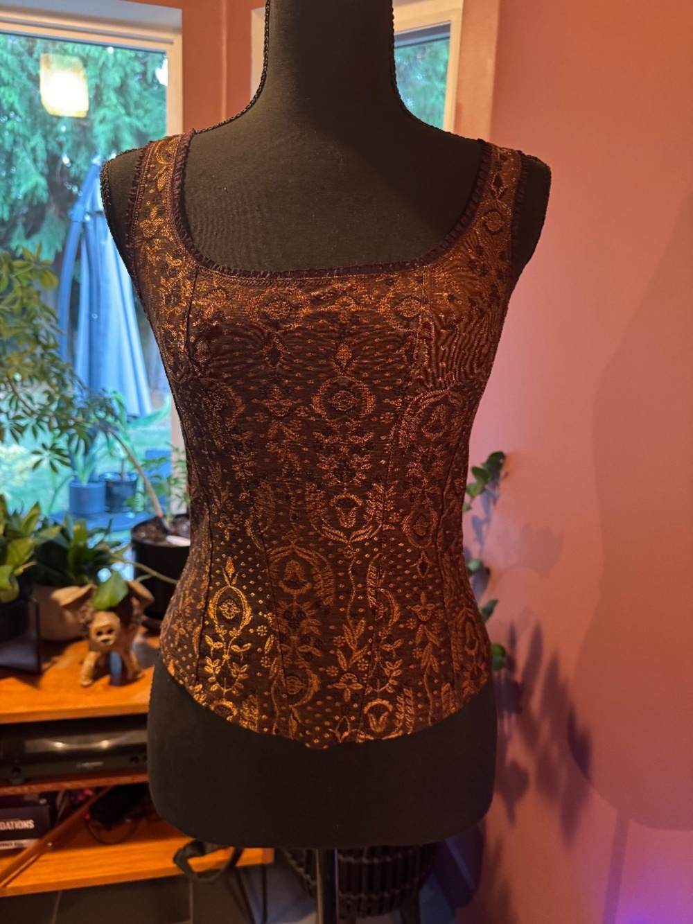 Arianne Vintage Y2K Brown & Gold Brocade Corset Tank Top – Size Small